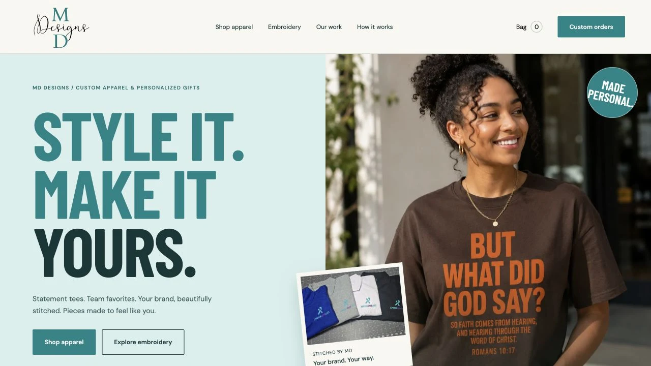 MD Designs custom apparel website