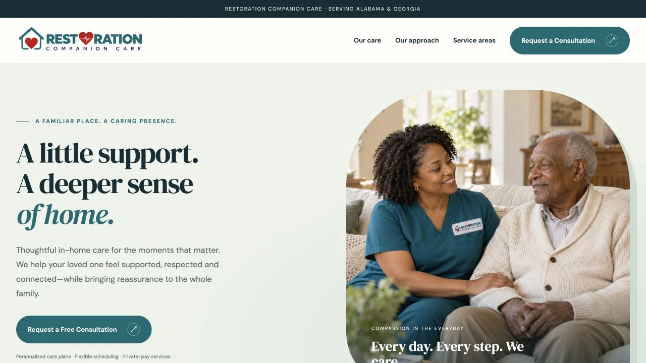 Restoration Companion Care website homepage