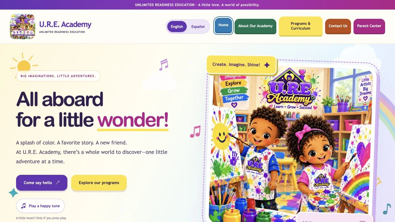 Colorful U.R.E. Academy website homepage